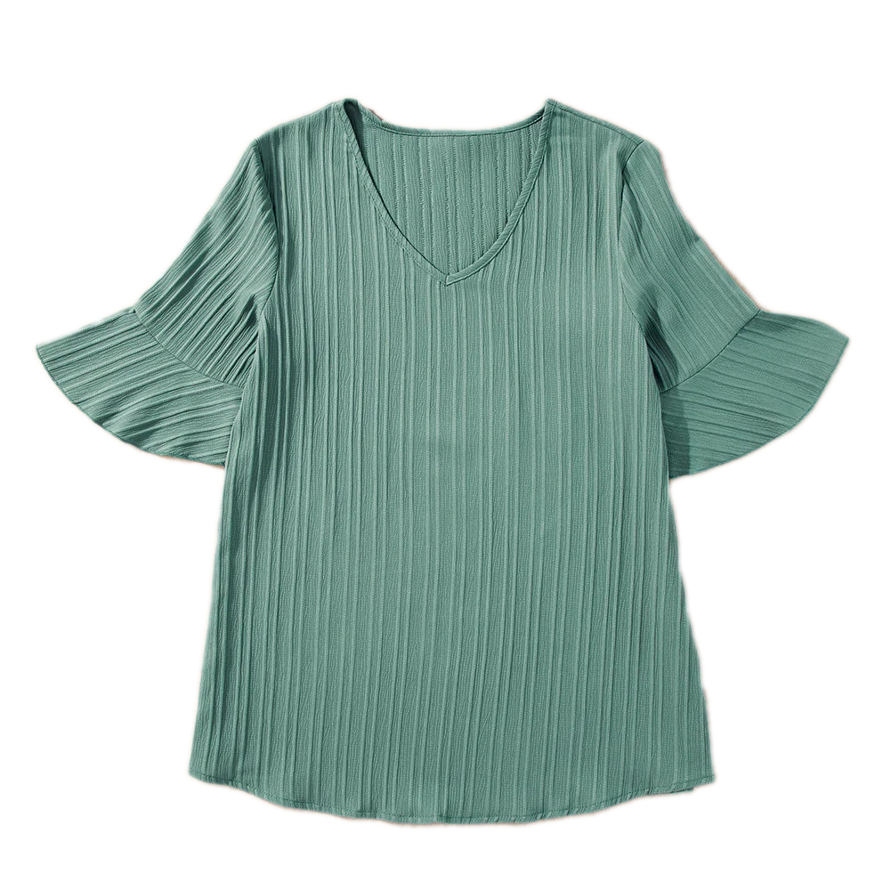 A green, ribbed V-neck top with half sleeves featuring ruffle details. The fabric has a vertical ribbed texture, giving it a stylish look.