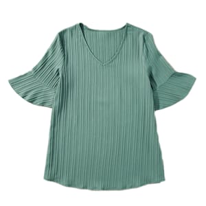 A green, ribbed V-neck top with half sleeves featuring ruffle details. The fabric has a vertical ribbed texture, giving it a stylish look.
