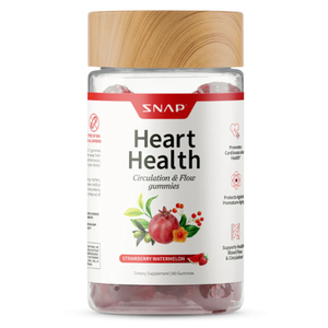 Snap Heart Health Gummies are strawberry watermelon flavored supplements supporting cardiovascular health, circulation, and protection against premature aging, with 60 gummies per container.