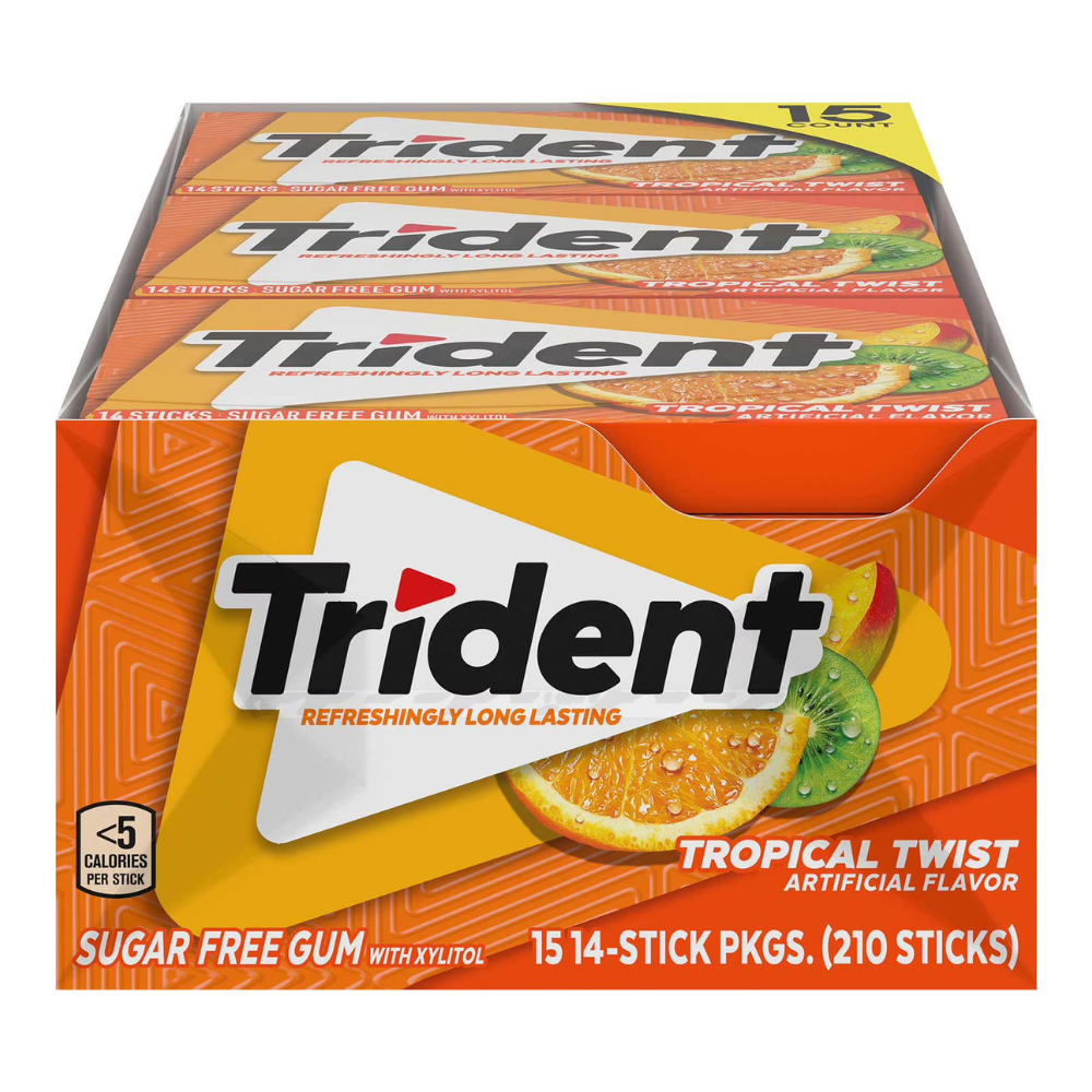 Box of Trident Tropical Twist sugar-free gum, featuring 15 packs with 14 sticks each, totaling 210 sticks. Includes flavors like orange, kiwi, and strawberry, with less than 5 calories per piece.