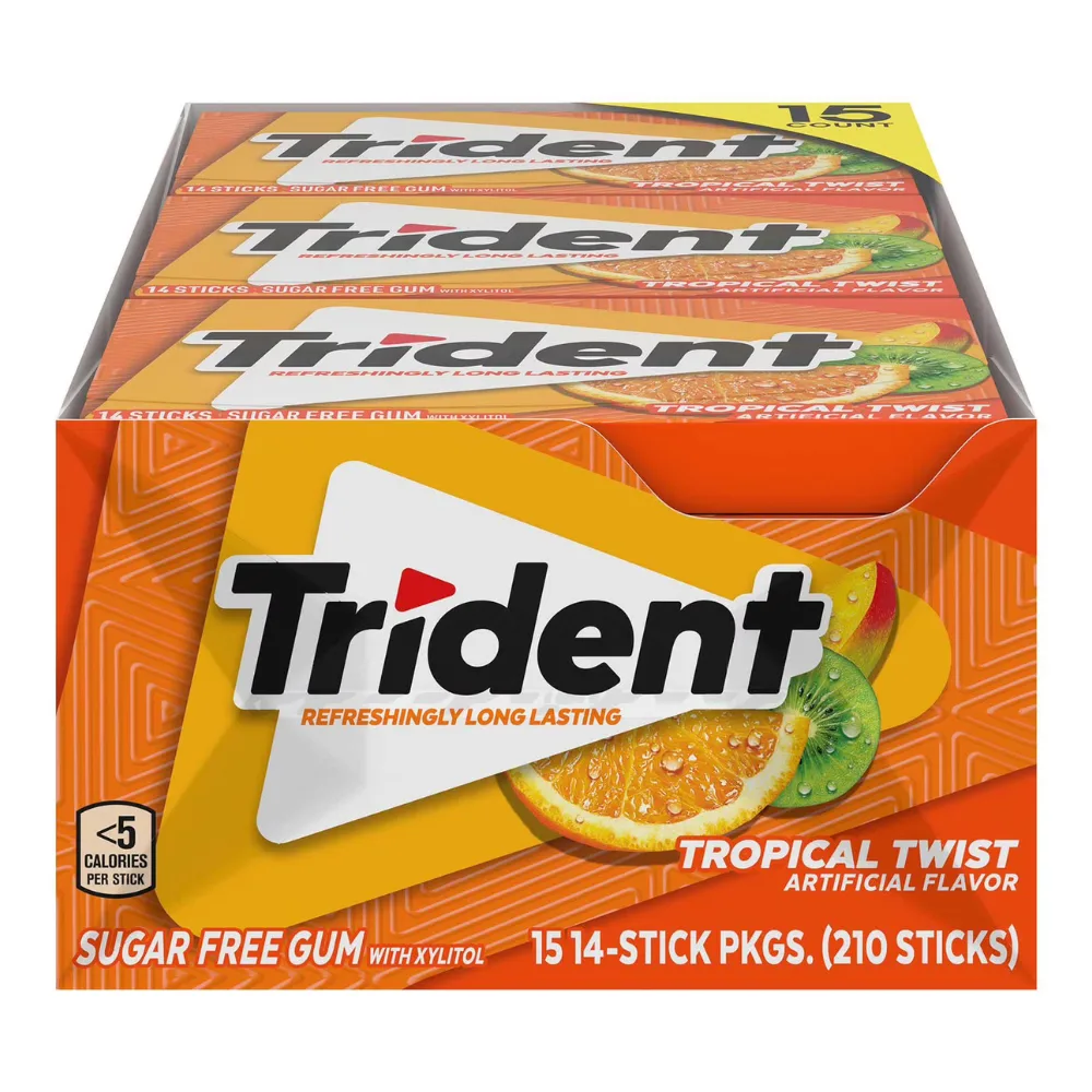 Box of Trident Tropical Twist sugar-free gum, featuring 15 packs with 14 sticks each, totaling 210 sticks. Includes flavors like orange, kiwi, and strawberry, with less than 5 calories per piece.