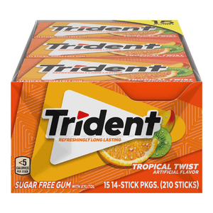 Box of Trident Tropical Twist sugar-free gum, featuring 15 packs with 14 sticks each, totaling 210 sticks. Includes flavors like orange, kiwi, and strawberry, with less than 5 calories per piece.