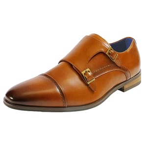 Brown leather double monk strap shoes with a cap toe design and gold buckles, featuring a low stacked heel and sleek finish.