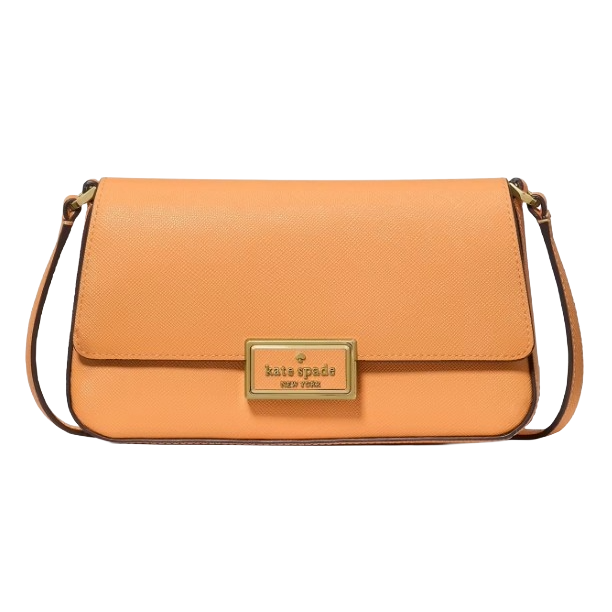 An orange Kate Spade New York shoulder bag with a rectangular gold logo plate on the front flap.
