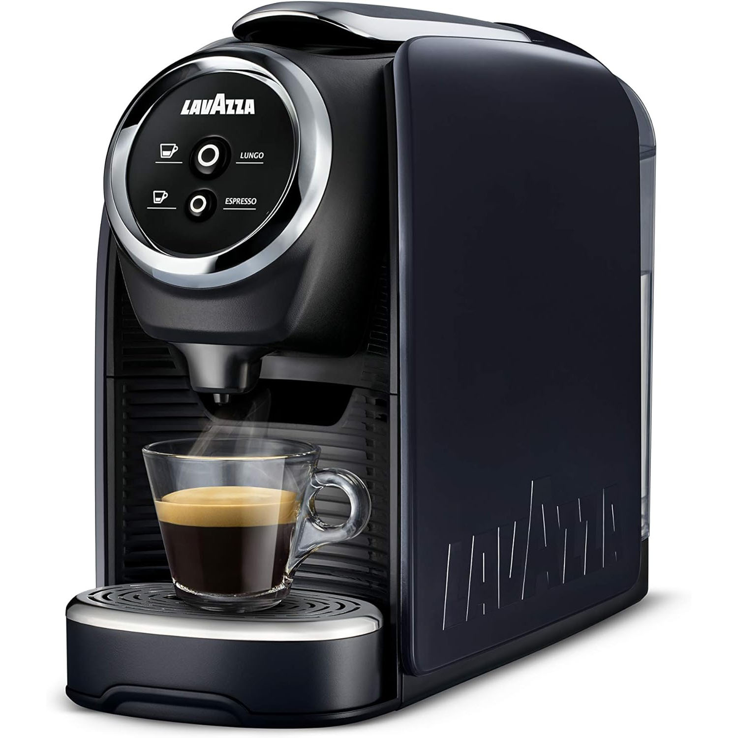 Lavazza espresso machine with a sleek, modern design, features two touch buttons labeled \“Lungo\“ and \“Espresso,\“ dispensing freshly brewed coffee into a glass cup placed on the drip tray.