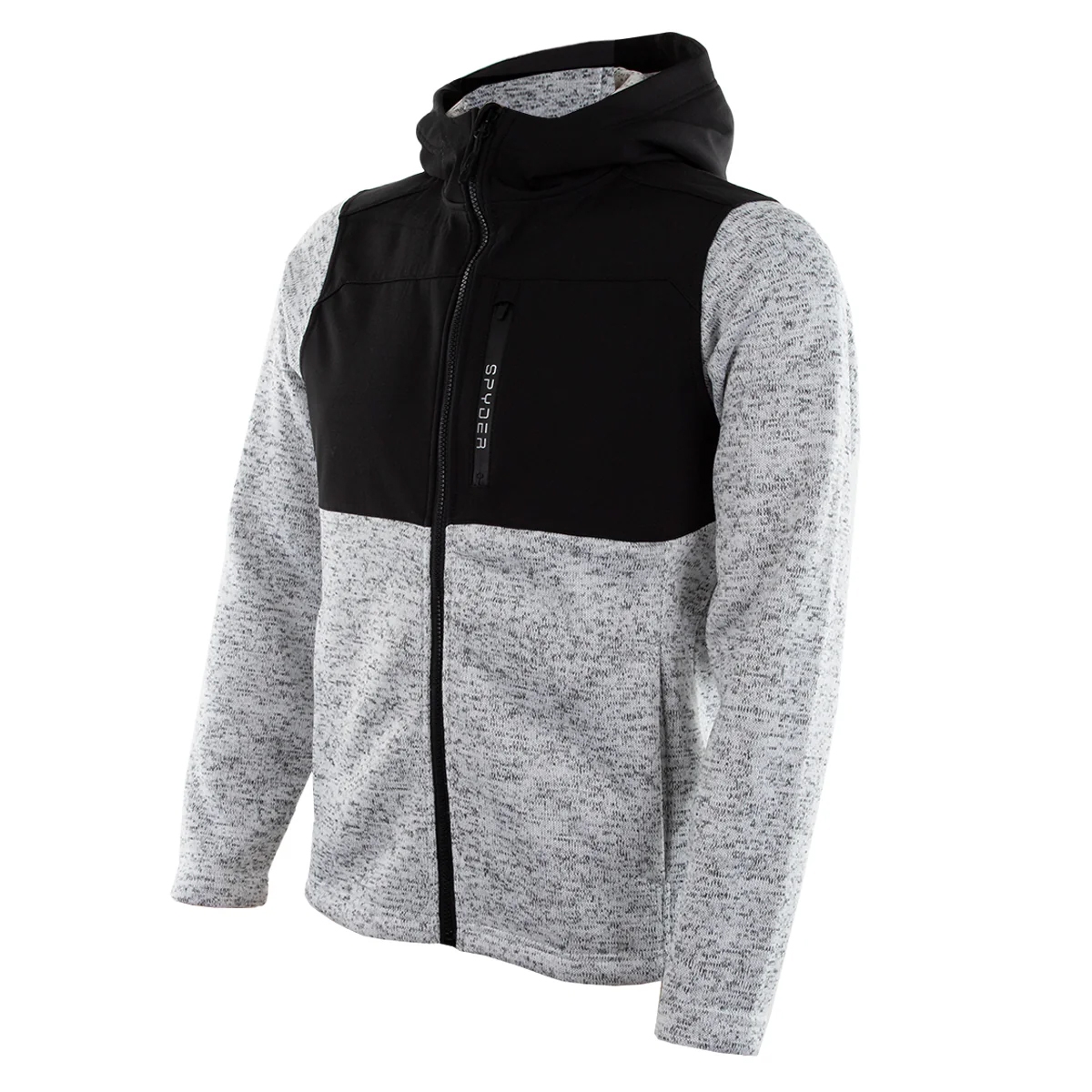 Gray and black hooded jacket with a front zipper and the brand name on the chest.