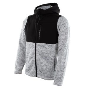 Gray and black hooded jacket with a front zipper and the brand name on the chest.
