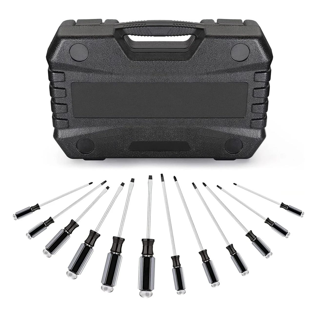 A black hard-shell carrying case with a set of precision screwdrivers in various sizes laid out in front.