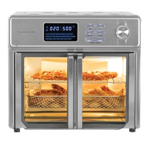 The 26qt Kalorik Digital Air Fryer Oven features dual French doors, a digital display with preset functions for air frying, baking, and roasting, and an interior equipped with multiple rack positions.