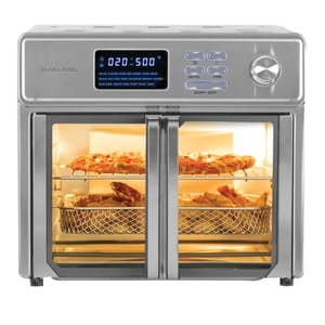 The 26qt Kalorik Digital Air Fryer Oven features dual French doors, a digital display with preset functions for air frying, baking, and roasting, and an interior equipped with multiple rack positions.