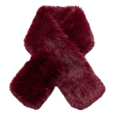 A luxurious, deep maroon faux fur scarf with a soft, fluffy texture, designed to provide warmth and style.