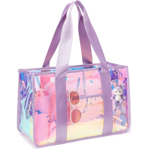 A translucent iridescent tote bag with purple handles features visible items inside, such as sunglasses, a water bottle, a plush toy keychain, and other personal accessories.