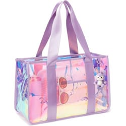A translucent iridescent tote bag with purple handles features visible items inside, such as sunglasses, a water bottle, a plush toy keychain, and other personal accessories.