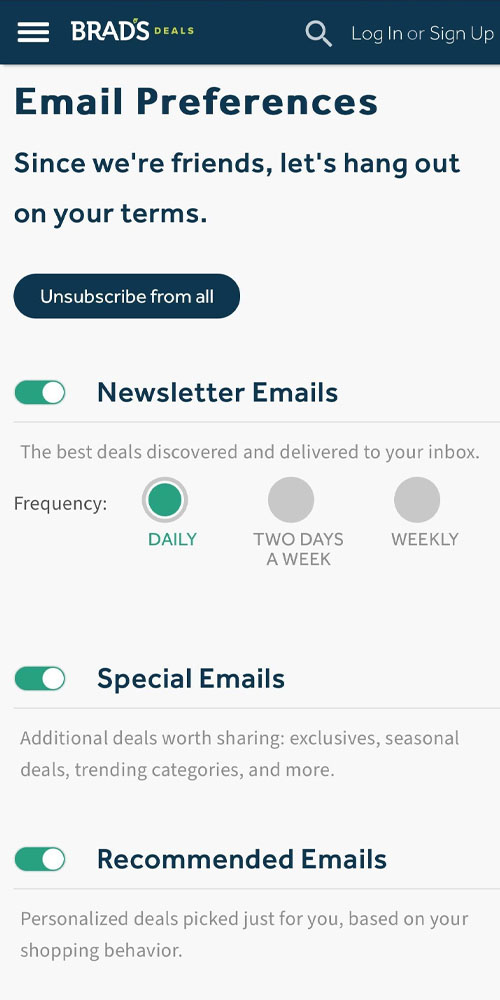 a screen displaying the email preferences page on the Brad's Deals website