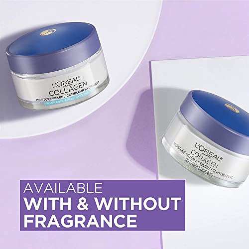 Two jars of L'Oreal Collagen Moisture Filler are displayed, one labeled as fragrance-free. They have white and blue packaging.