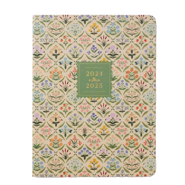 2024-2025 academic planner with a floral patterned cover featuring a central green label.