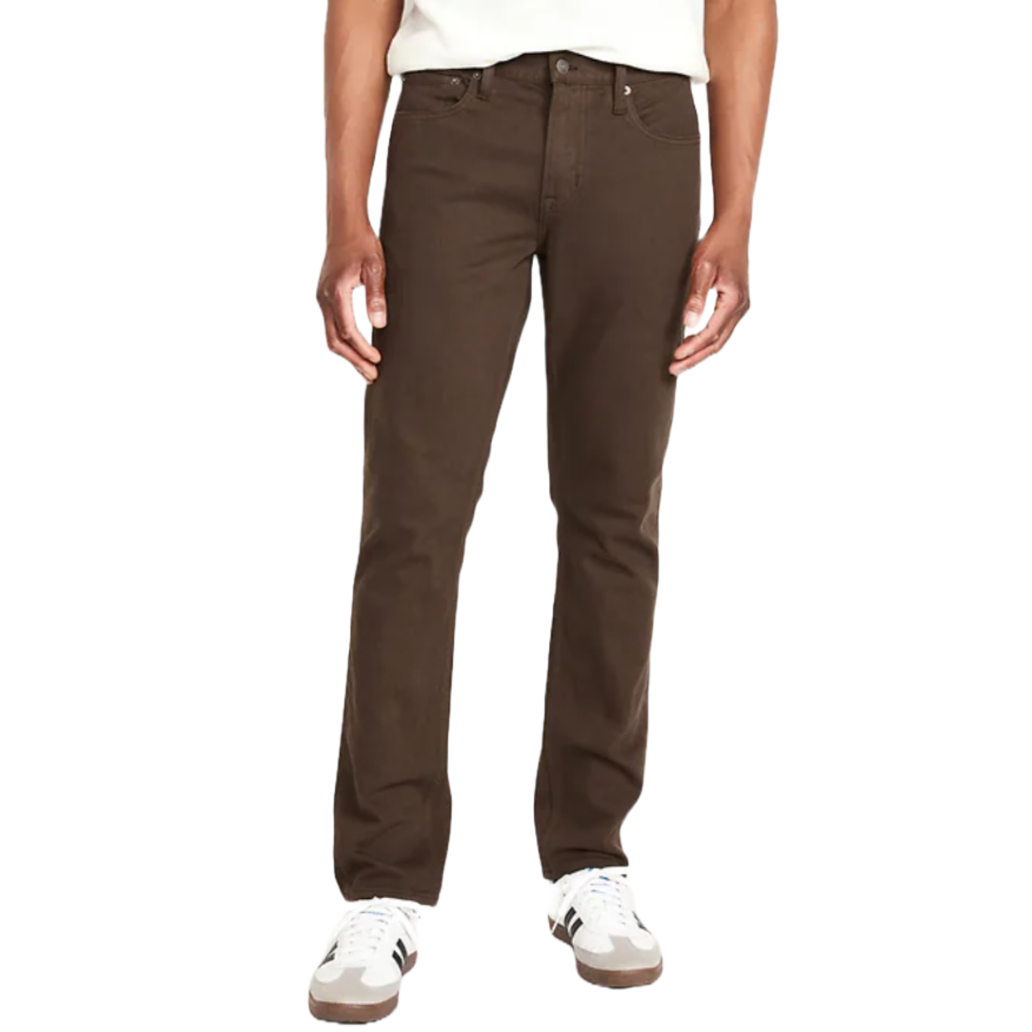 Brown straight-leg men's pants with a standard five-pocket design and white sneakers.