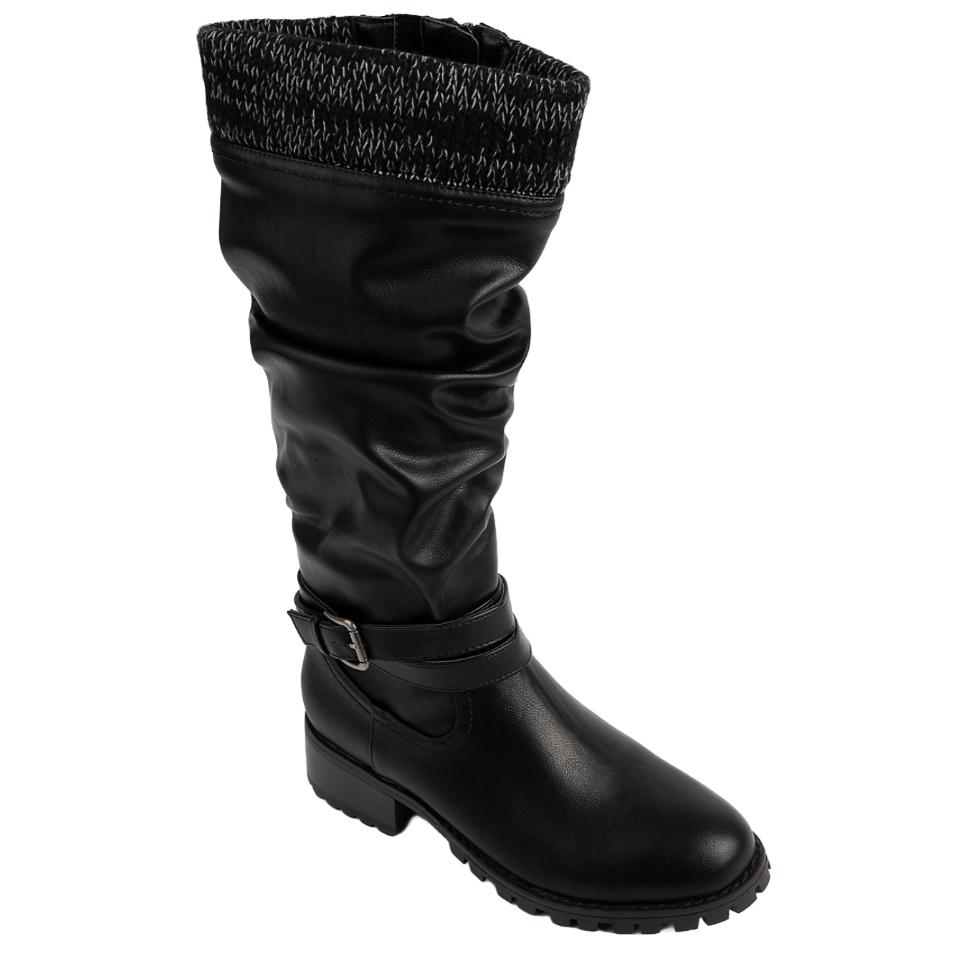 A black knee-high boot with a textured knit cuff at the top and a decorative buckle strap, featuring a chunky heel and treaded sole.