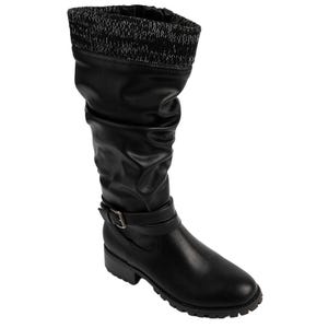 A black knee-high boot with a textured knit cuff at the top and a decorative buckle strap, featuring a chunky heel and treaded sole.