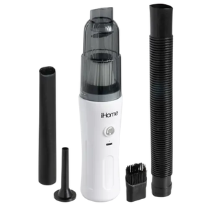 Compact handheld vacuum cleaner with multiple attachments including a nozzle, crevice tool, brush, and flexible hose.