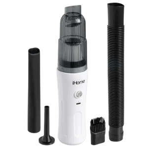 Compact handheld vacuum cleaner with multiple attachments including a nozzle, crevice tool, brush, and flexible hose.