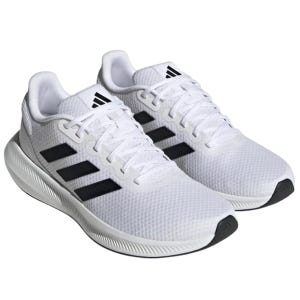 White athletic shoes featuring black stripes, with a textured mesh design and lace-up closure. Branded with a logo on the tongue.