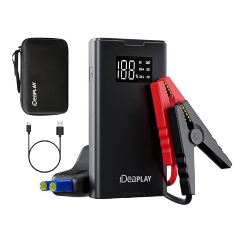 A portable power bank with digital display, USB cable, and car jump starter clamps.