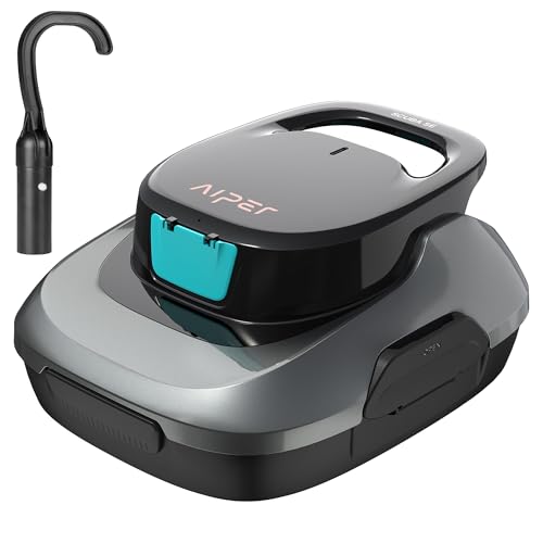 Robotic pool cleaner with a sleek, compact design, featuring a carrying handle and accompanied by a hook accessory for easy retrieval.