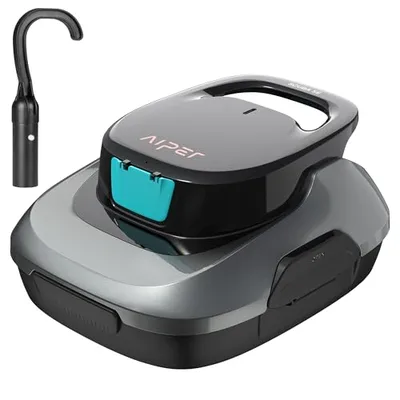 Robotic pool cleaner with a sleek, compact design, featuring a carrying handle and accompanied by a hook accessory for easy retrieval.