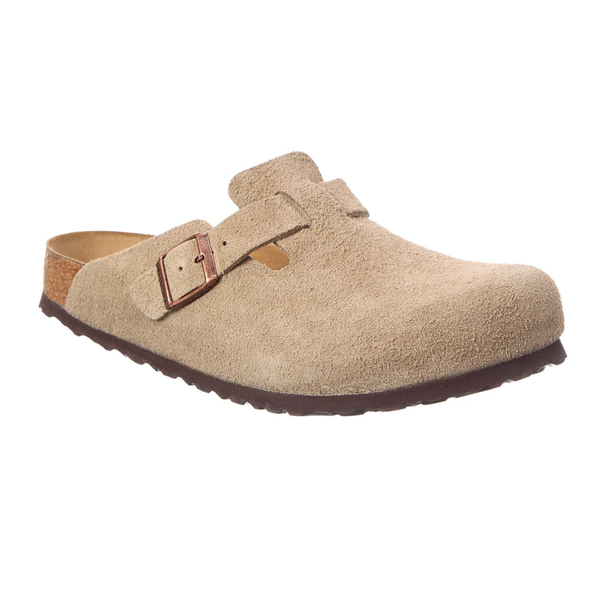 Tan suede clog with an adjustable buckle strap and a cork footbed, featuring a rubber sole.