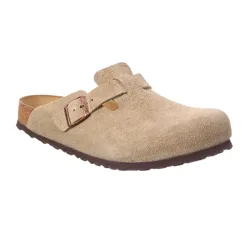 Tan suede clog with an adjustable buckle strap and a cork footbed, featuring a rubber sole.