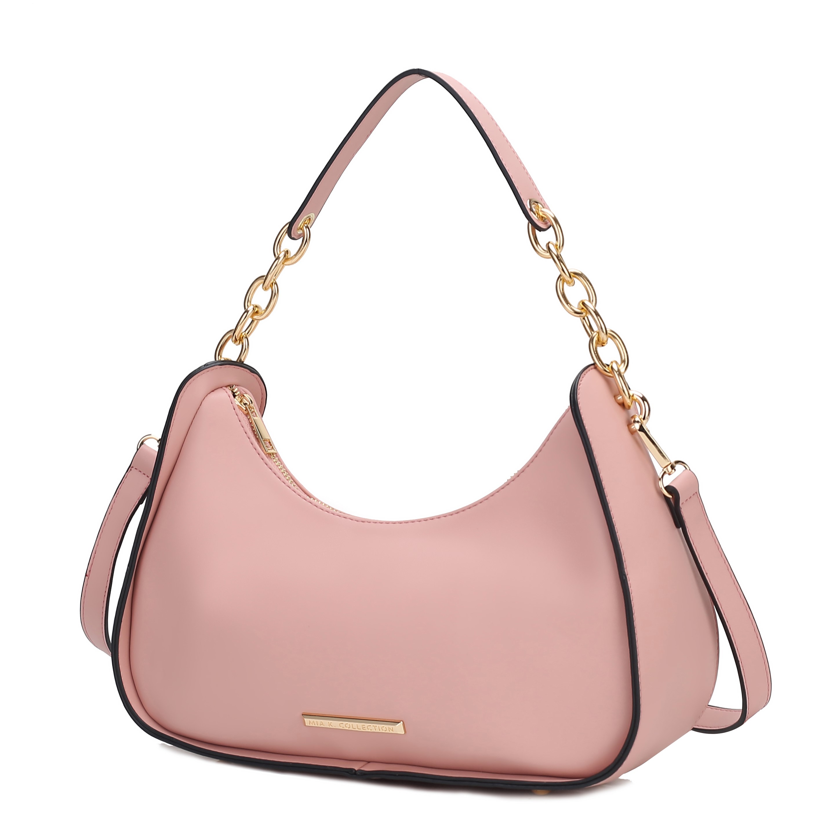 A pink faux leather hobo bag with gold chain and leather handle, featuring a zipper closure and small front plaque. The design includes black edging and a detachable shoulder strap.
