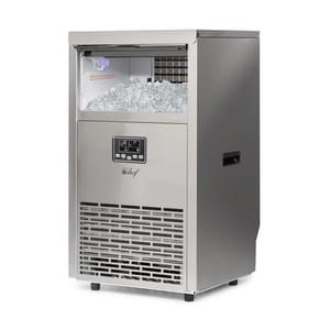 The photo shows a standalone commercial ice maker made of stainless steel with visible controls and a storage bin filled with ice.