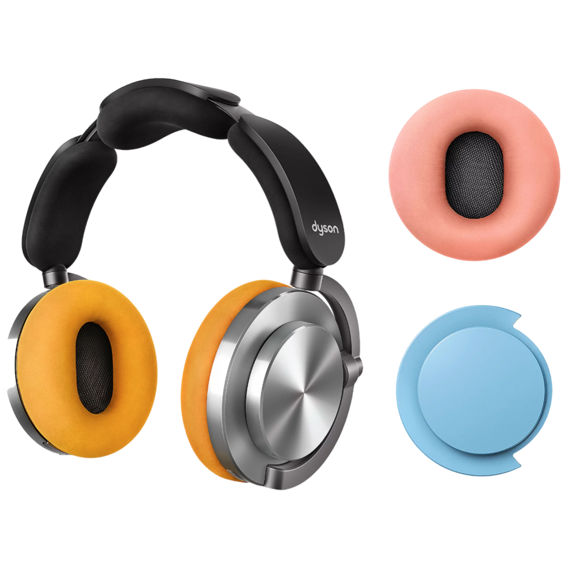 Dyson headphones with silver exterior, orange ear cushions, and a headband, accompanied by an additional set of pink ear cushions and light blue caps.