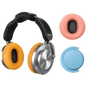 Dyson headphones with silver exterior, orange ear cushions, and a headband, accompanied by an additional set of pink ear cushions and light blue caps.