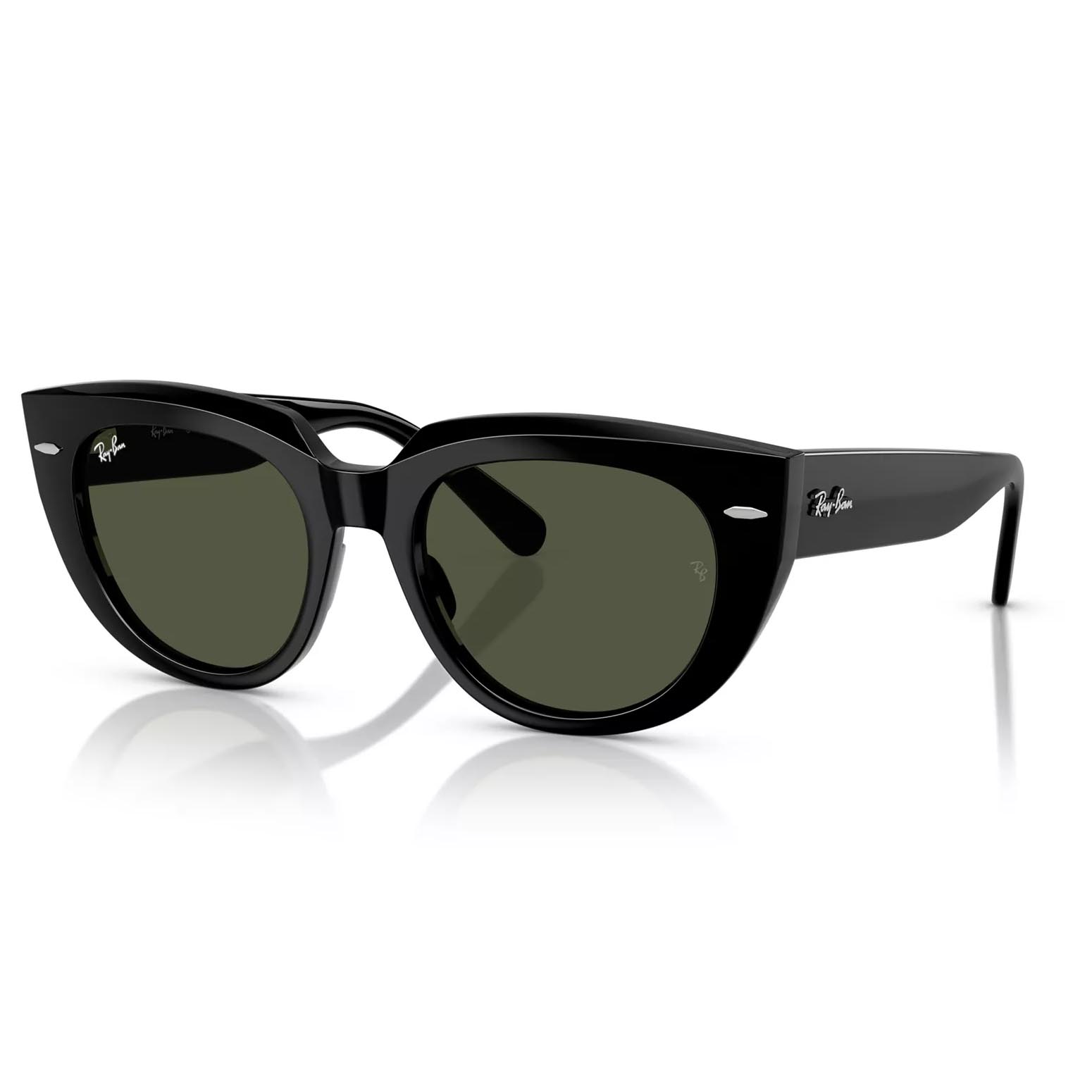 Black cat-eye sunglasses with dark lenses, featuring Ray-Ban branding on the temples and lens.