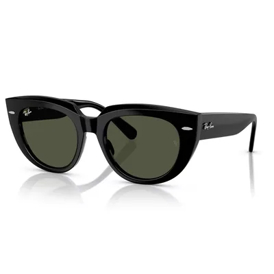 Black cat-eye sunglasses with dark lenses, featuring Ray-Ban branding on the temples and lens.