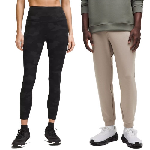Black camo-pattern leggings paired with black sneakers on the left and beige joggers with white sneakers on the right.