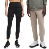 Black camo-pattern leggings paired with black sneakers on the left and beige joggers with white sneakers on the right.