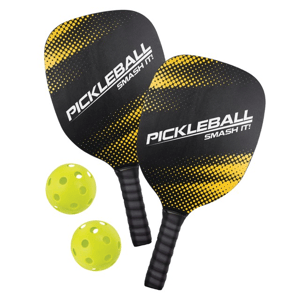 A 4-piece pickleball set featuring two black and yellow paddles with \“PICKLEBALL SMASH IT!\“ printed on them, and two yellow perforated balls.