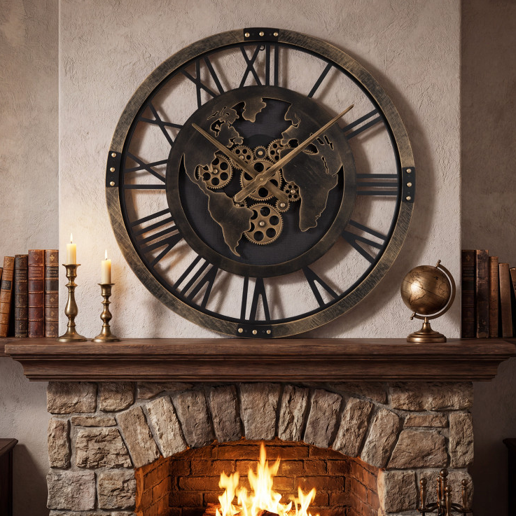 A large wall clock with a world map design and exposed gears is mounted above a stone fireplace, flanked by books, candlesticks, and a small globe.