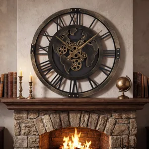 A large wall clock with a world map design and exposed gears is mounted above a stone fireplace, flanked by books, candlesticks, and a small globe.