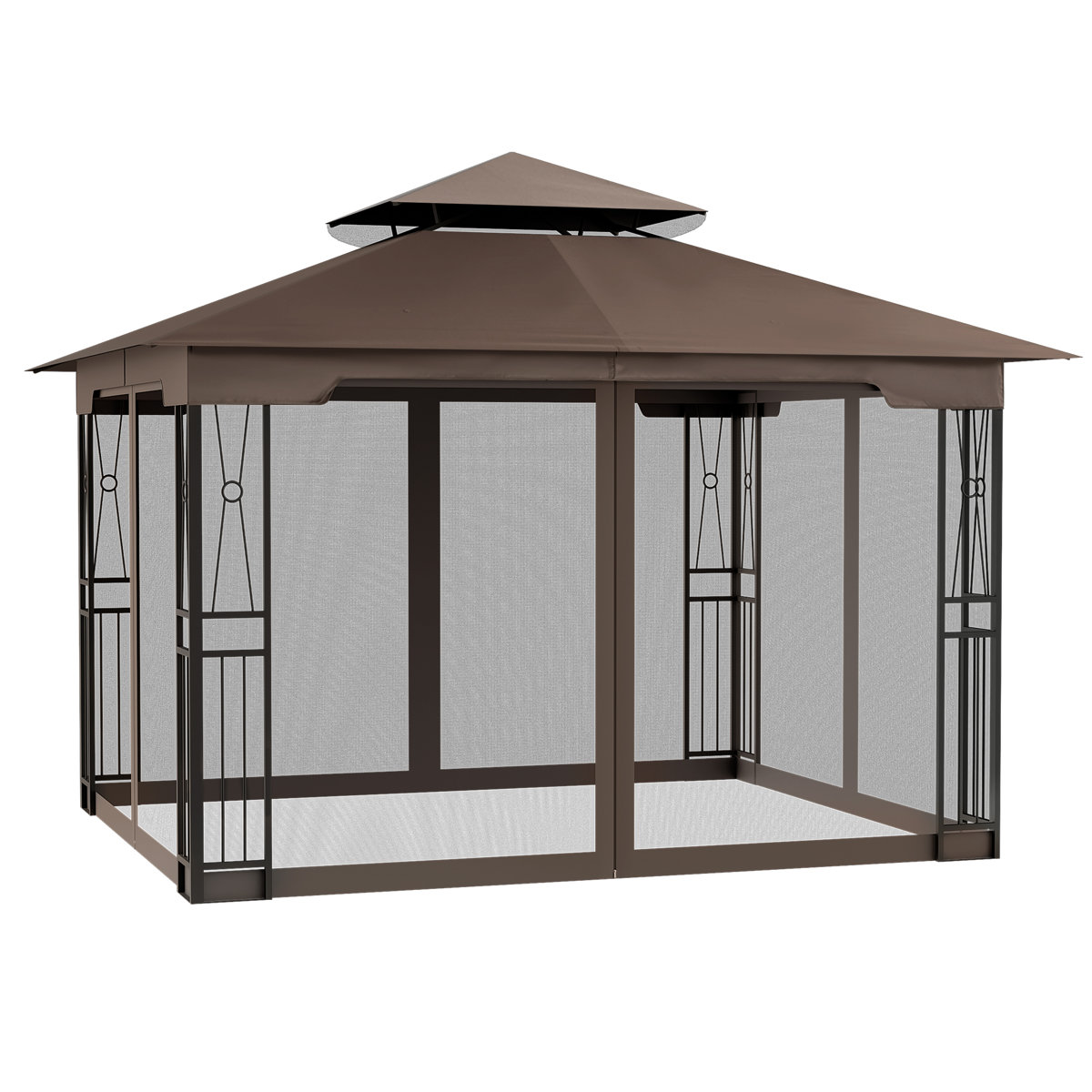 A rectangular 12' x 10' gazebo with netting features a sloped roof and decorative metal frame. The design includes mesh sides for insect protection and a ventilated double-tier canopy for airflow.