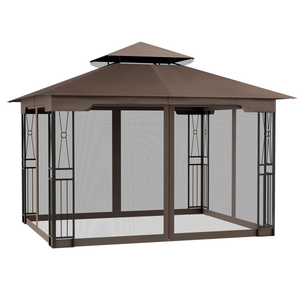 A rectangular 12' x 10' gazebo with netting features a sloped roof and decorative metal frame. The design includes mesh sides for insect protection and a ventilated double-tier canopy for airflow.