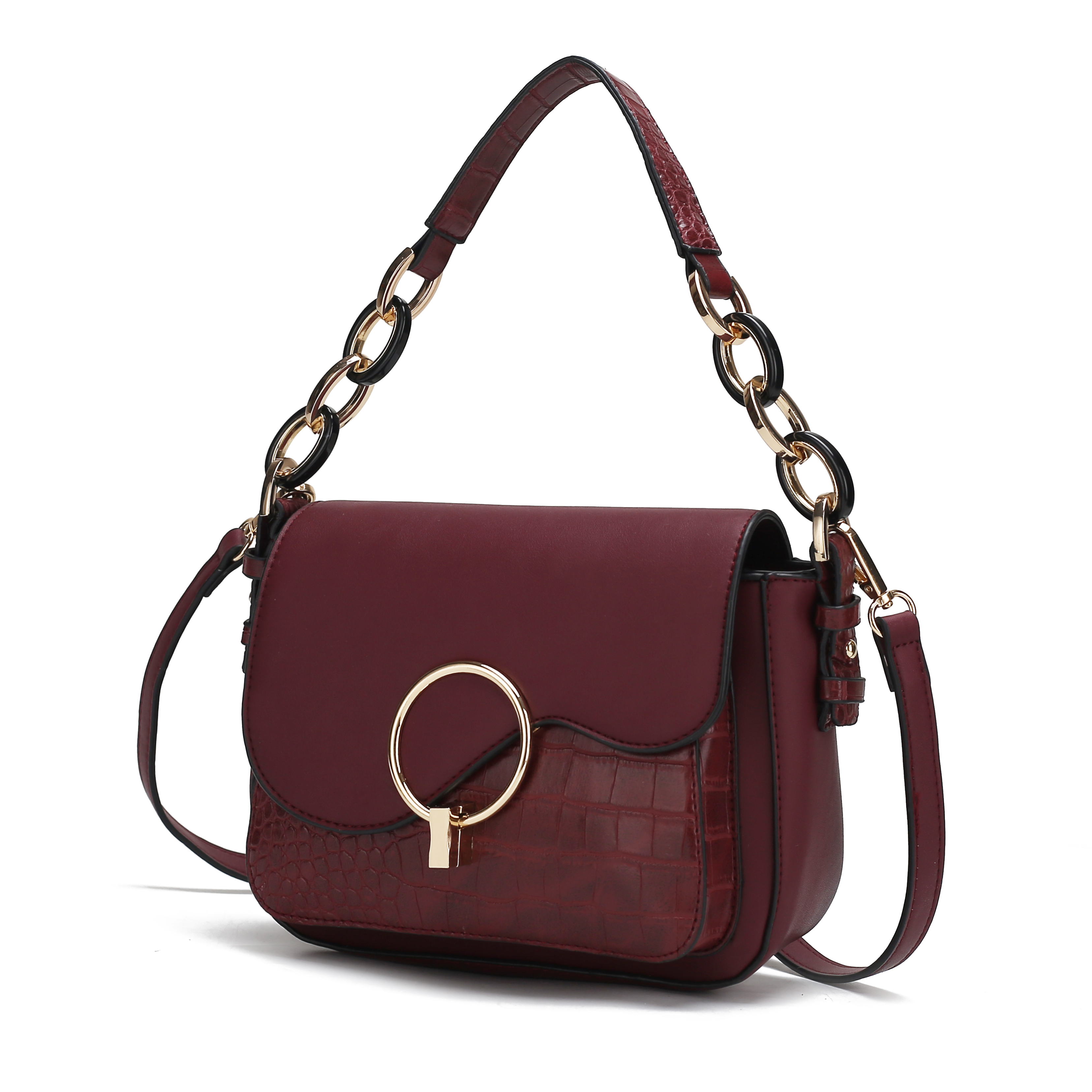 A burgundy MKF embossed shoulder bag with a crocodile pattern, featuring a gold-tone circular clasp and chain-link strap. It has a flap closure and an additional adjustable strap for versatile wearing options.