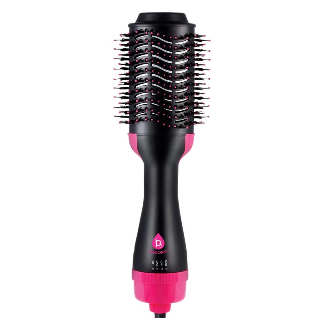 A black and pink hair dryer brush with bristles, designed for styling and drying hair simultaneously.