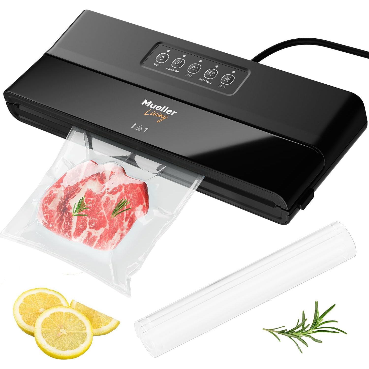 A black Mueller vacuum sealer with control buttons for wet, adjusted, seal, manual, and soft functions. It is sealing a bag containing a piece of steak with herbs. Nearby are lemon slices, rosemary, and a roll of sealing bags.