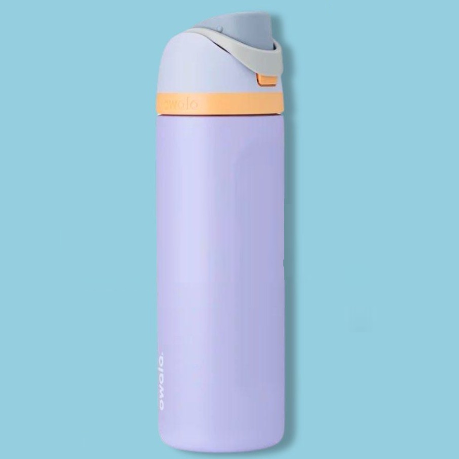 A lavender Owala FreeSip Water Bottle with a white and yellow lid, featuring a push-button opening and a carrying loop.