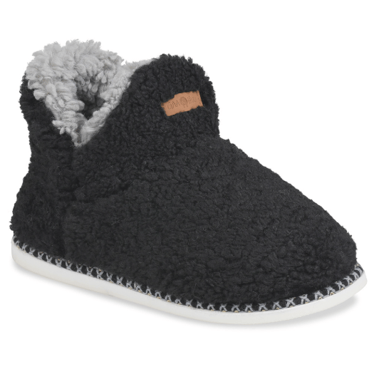 Black sherpa slipper with a gray inner lining and white sole, featuring a small leather tag on the side.