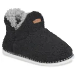 Black sherpa slipper with a gray inner lining and white sole, featuring a small leather tag on the side.